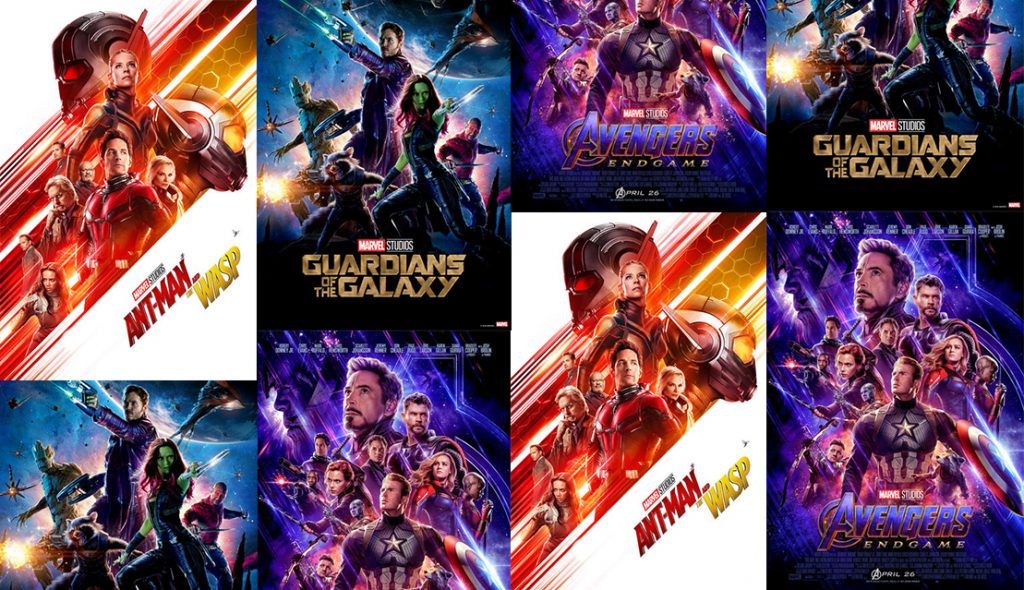 Filmaffischer från olika Marvelfilmer. Bland annat syns Black Panther och Ant-Man.
